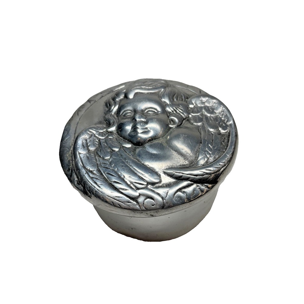 Vtg Pewter Lidded Trinket Box Angel Cherub Mexico 4.5" D